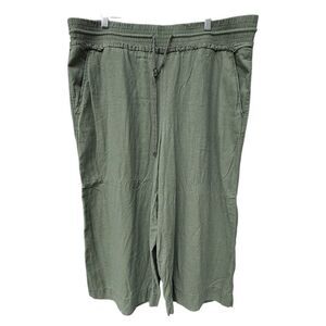 Olive Green Linen Blend Cropped Pull On Pants XXL (20) Lagenlook Elastic Waist